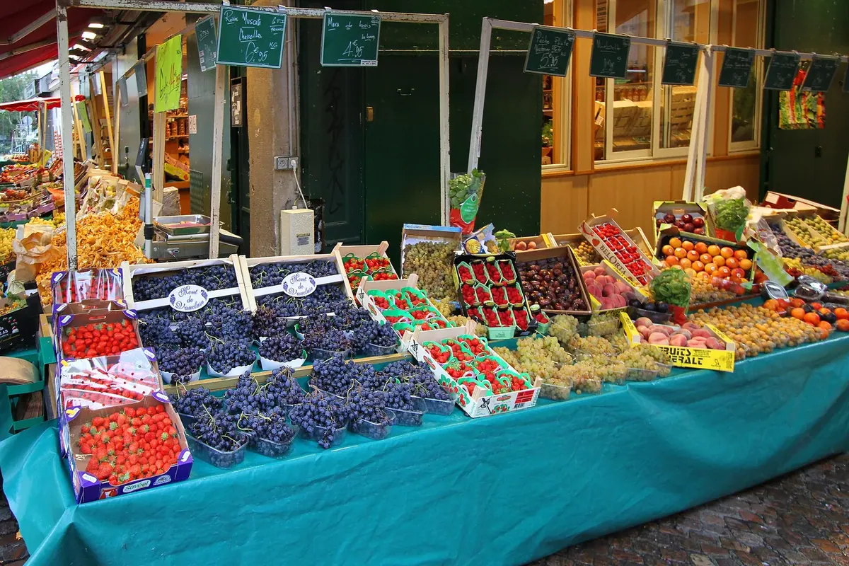 A fruit and vegetable display on the Rue Mouffetard market street in Paris