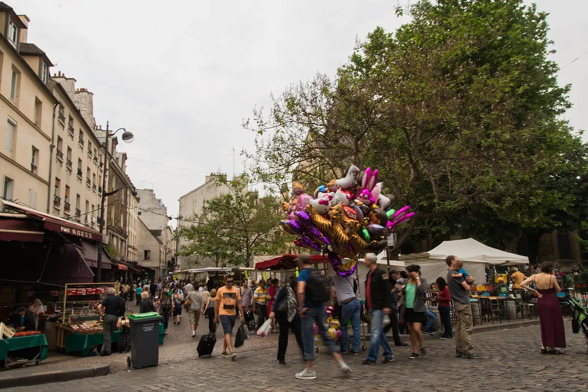 The lower end of Rue Mouffetard, the market street in Paris
