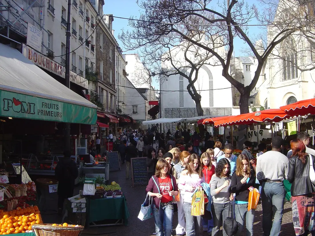 The street market at the Saint-Médard end of Rue Mouffetard in Paris